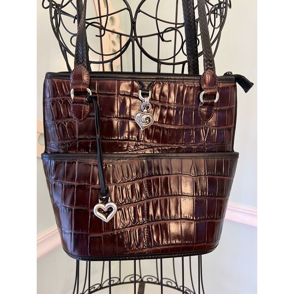 BRIGHTON Black Brown Croc Leather Bucket Tote Shoulder Handbag Double Handles - Picture 2 of 7